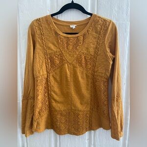 Anthropologie Long Sleeve Top Crochet Detailing Mustard Yellow